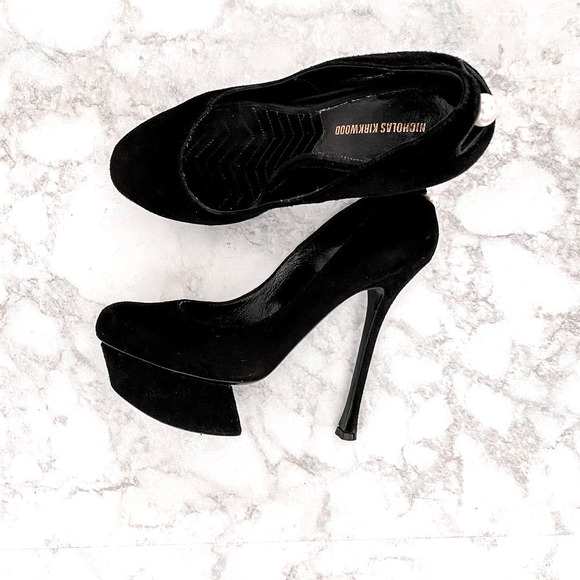 𝅺nicholas Kirkwood Black Suede pearl triangle Platform gala formal sexy NYE - Picture 1 of 9